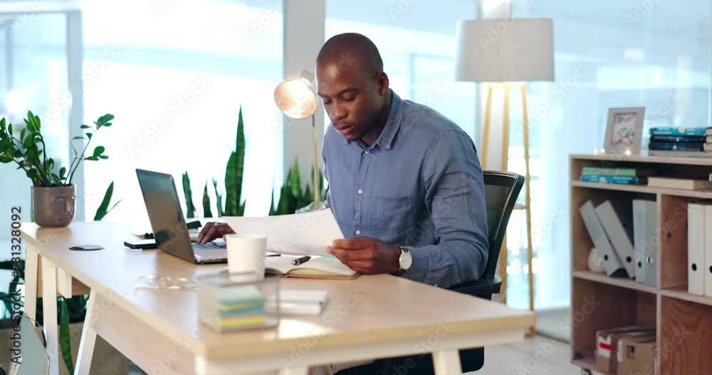 Time lapse of black man working in business, office and desk of productivity, deadlines or management at night. Fast forward of busy employee, worker or male staff planning tasks for speed in startup Time lapse of black man working in business, office and desk of productivity, deadlines or management at night. Fast forward of busy employee, worker or male staff planning tasks for speed in startup