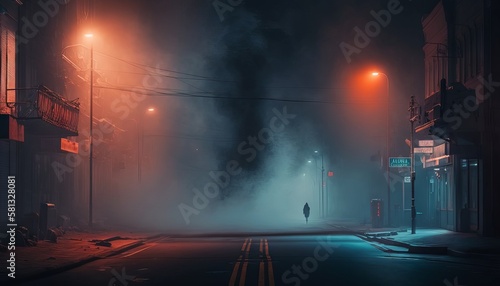 Dark street, night smog and smoke neon light. Dark background of the night city. Generative ai