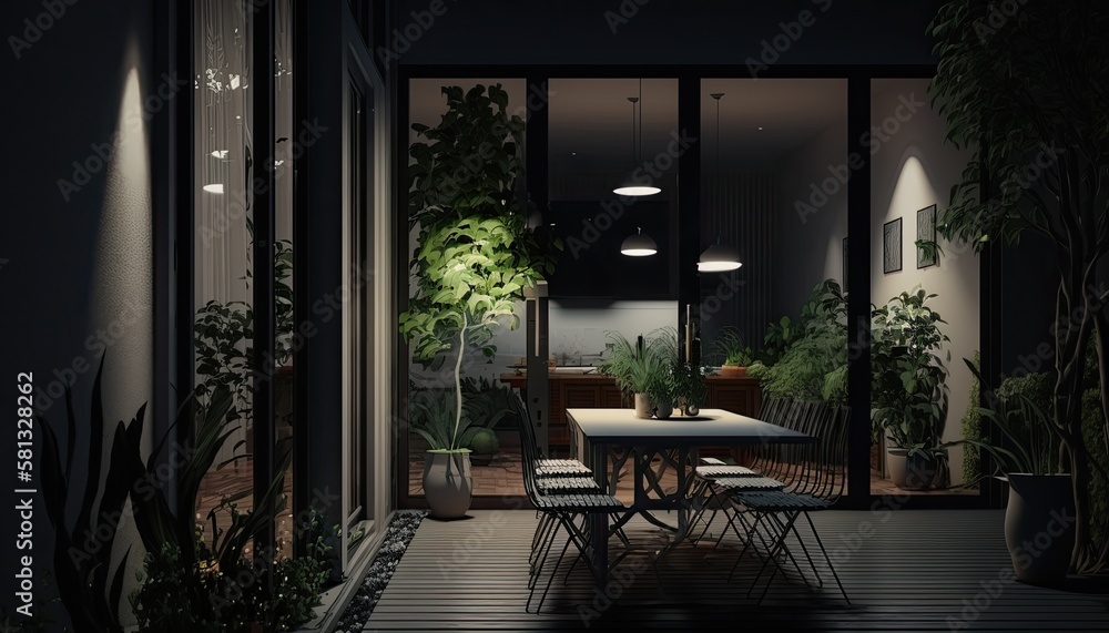 Fototapeta premium Modern terrace at night which is the perfect location for evening wine