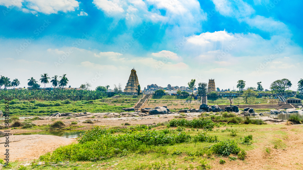 Wide view of Virupaksha Temple from across the river