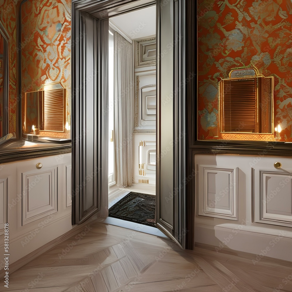 A powder room with a unique mirror and a fun wallpaper2, Generative AI Stock  Illustration | Adobe Stock