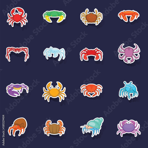 Colorful crab icons set stikers collection vector with shadow on purple background