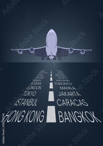 Traveling the world by plane. Vector illustration of an airplane on the background of the runway with the names of cities for the journey. Sketch for creativity.