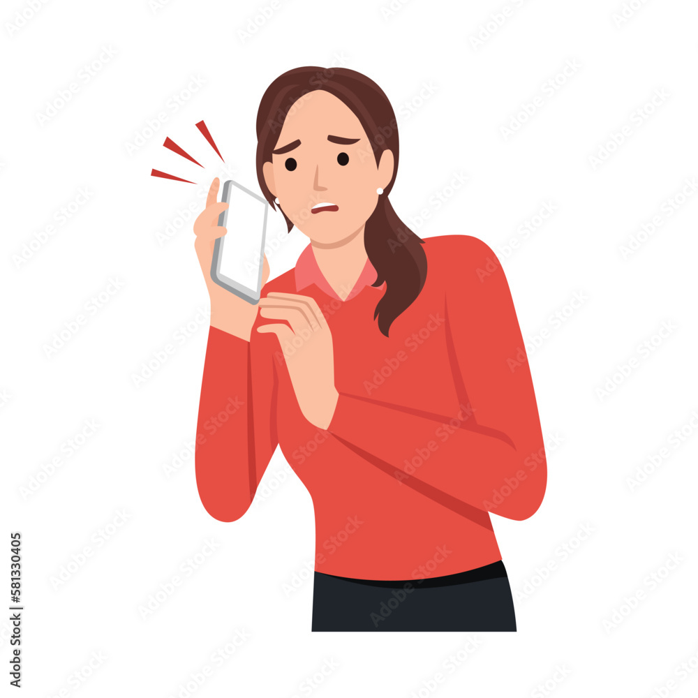 Shocked young woman talking on the smart phone or mobile phone scared in shock with a surprise face. Amazed frowning female calling Shocked young woman talking on the smart phone or mobile phone scared in shock with a surprise face. Amazed frowning female calling