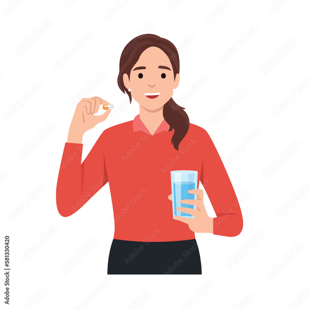 Young caucasian woman taking pills. Healthy woman holding pills and glass of water in hands. Happy smiling woman taking pills. Healthy lifestyle concept. Young caucasian woman taking pills. Healthy woman holding pills and glass of water in hands. Happy smiling woman taking pills. Healthy lifestyle concept.