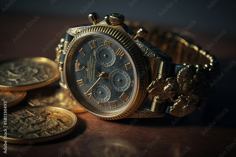 a gold watch and coins, representing financial success and wealth