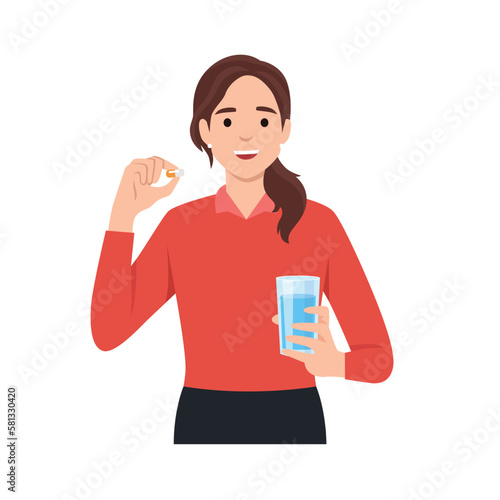 Young caucasian woman taking pills. Healthy woman holding pills and glass of water in hands. Happy smiling woman taking pills. Healthy lifestyle concept.