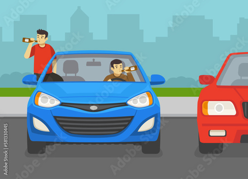 Reckless male character dangles out of front car window and drinks alcohol. Male driver drinks alcohol on parking area. Flat vector illustration template.