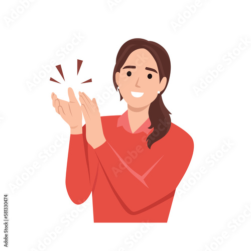 Young woman clapping hands thanking or showing appreciation at event.