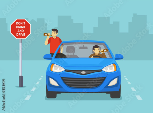Male characters drinking alcohol while driving a blue car on road with "Don't drink and drive" traffic sign. Front view. Flat vector illustration template.