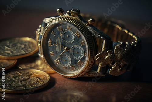 a gold watch and coins, representing financial success and wealth