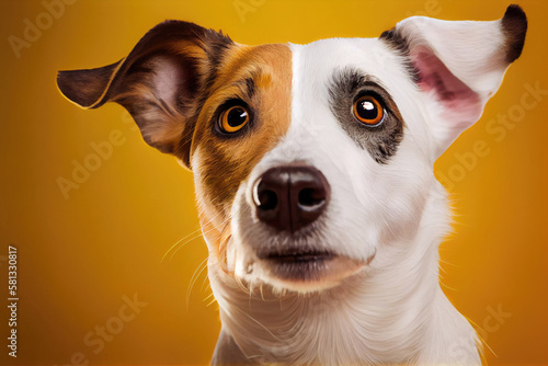 Dog Portrait Happy Jack Russell Terrier looks at object with interest on Yellow background with Generative AI Technology