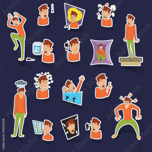 Various phobias icons set stikers collection vector with shadow on purple background