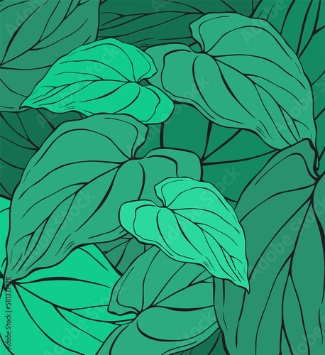 Seamless floral pattern with green leaves on green background