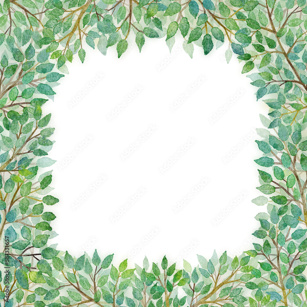 Fototapeta premium 木の葉の水彩画ベクターイラストフレーム背景