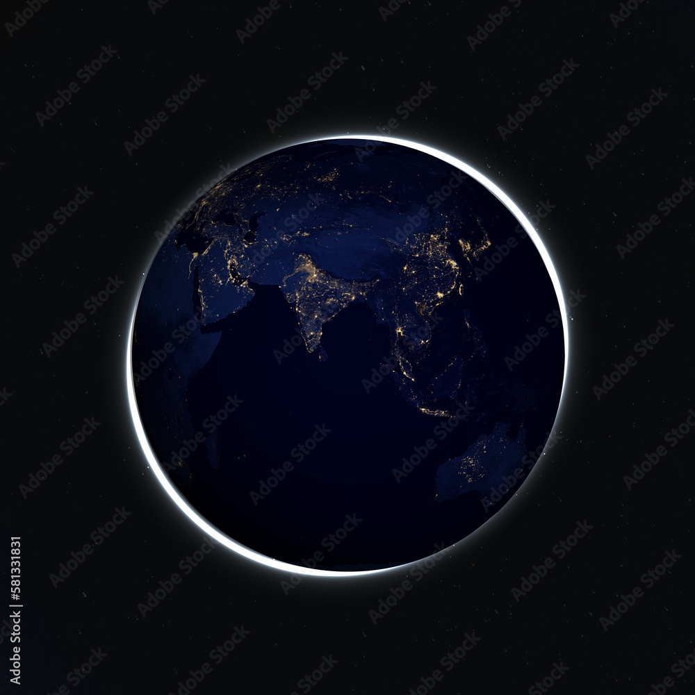 Fototapeta premium View of Earth planet at night. City lights of Asia and Australia with ring light. 