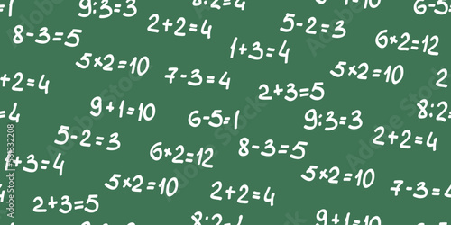 Solve examples. Seamless background of randomly placed different mathematical examples. Adding, subtraction, multiplying and dividing. School template, mathematics poster on green. Vector illustration