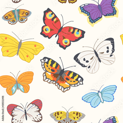 Seamless pattern of flying butterflies in red, yellow, white, orange and other colors. Vector illustration in vintage style on a white background. © Maxim