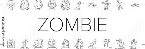 zombie horror scary dead evil icons set vector