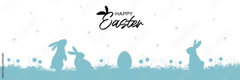 Obraz premium Happy Easter banner. Easter seamless pattern with bunnies and eggs. easter horizontal background with bunnies, dandelion, flowers and eggs .