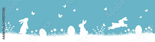 Easter seamless pattern with bunnies and Easter eggs. easter horizontal background with bunnies, flowers, butterflies and easter eggs .
