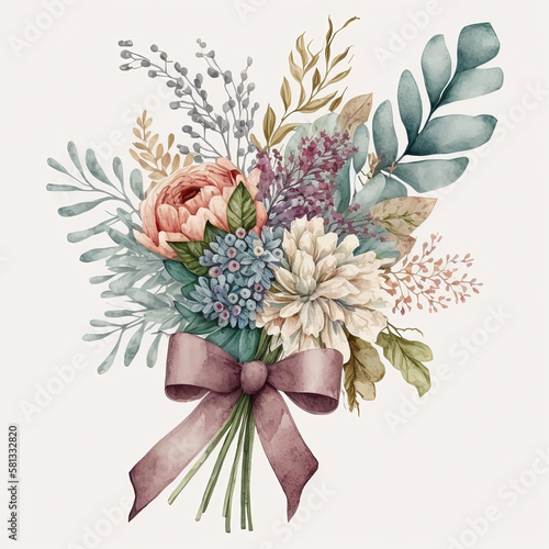 Watercolor colorful flowers bouquet with bow isolated on white background. Botanical illustration. Greeting card, invitation template. Ai generated