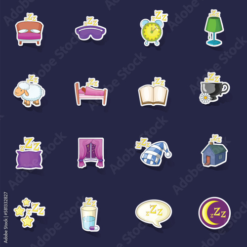 Sleep symbols icons set stikers collection vector with shadow on purple background photo