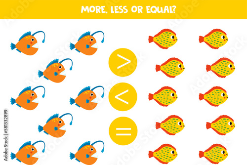 More, less or equal with cartoon angler fish and plaice.