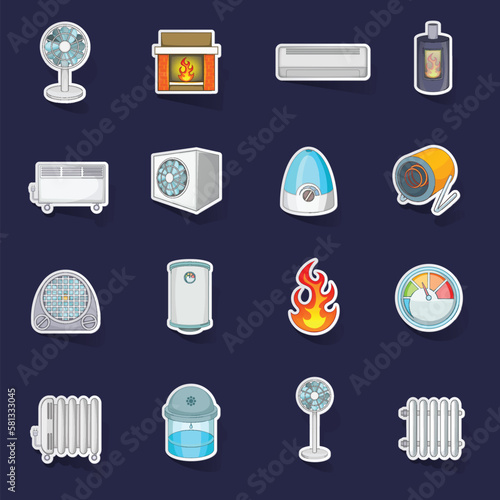 Heating cooling icons set stikers collection vector with shadow on purple background