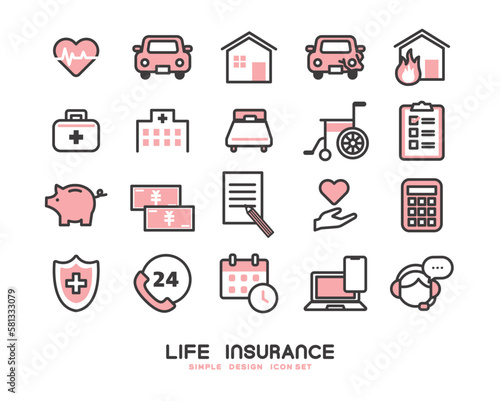 保険に関するアイコンのベクターイラスト素材／ケガ／入院／車／マイホーム
