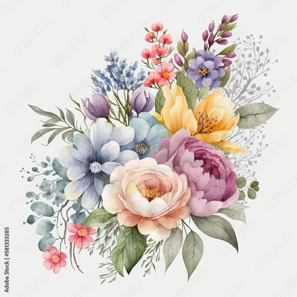 Watercolor colorful flowers bouquet isolated on white background. Wedding invitation. Botanical art print. Ai generated