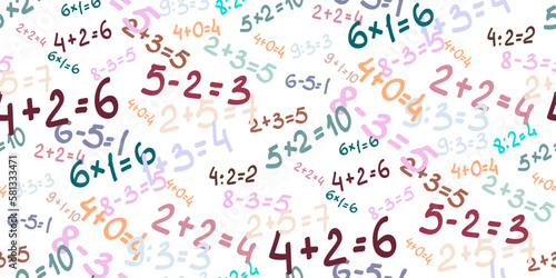 Solve examples. Seamless background of randomly placed different mathematical examples. Adding, subtraction, multiplying and dividing. Color school template, mathematics poster. Vector illustration