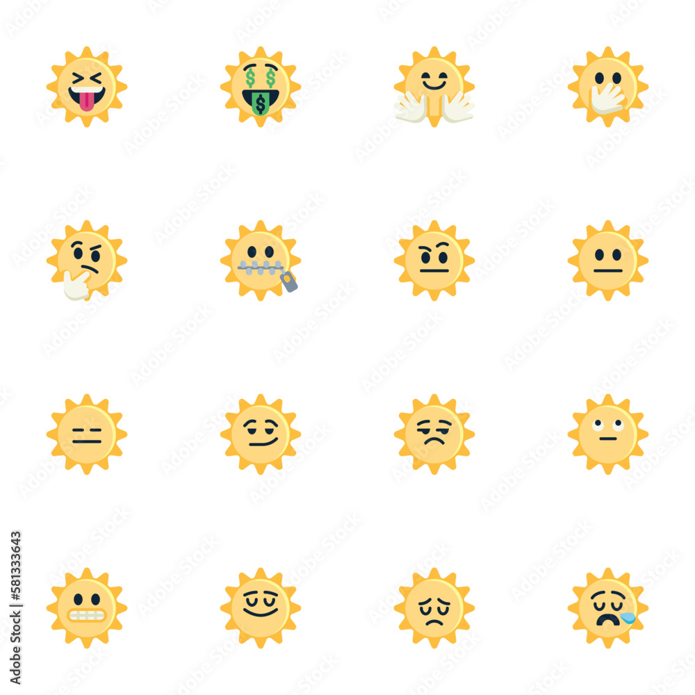 Yellow sun emoticons, flat icons set Yellow sun emoticons, flat icons set