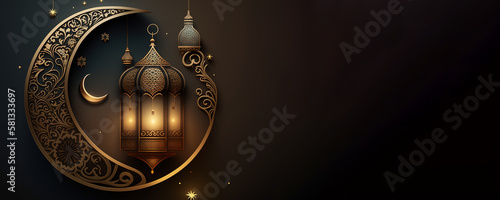 Arabic lantern Ramadan concept, copy space background. Generative AI