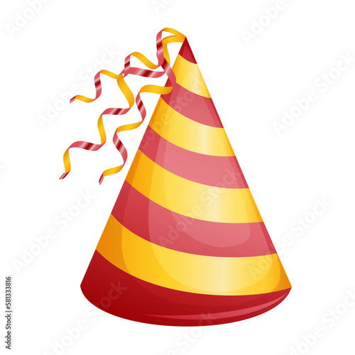 flat cartoon design illustration of colored hat for birthday party. vector - illustration. red and yellow birthday hats with shiny ribbons isolated on white background. Vector cones