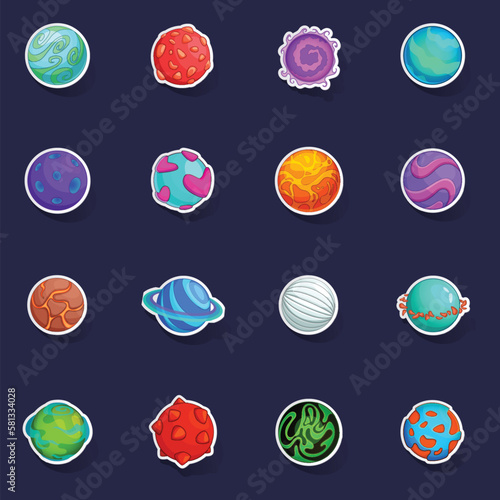 Fantastic planets icons set stikers collection vector with shadow on purple background