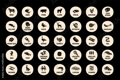 Meat, poultry, fish and eggs stickers and labels. Black and white color packaging for food preparing and culinary. Chicken, fish, beef, pork, poultry, pig product for selling vector set.