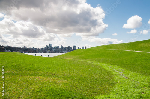 Grassland and Seattle under dramatic clouds