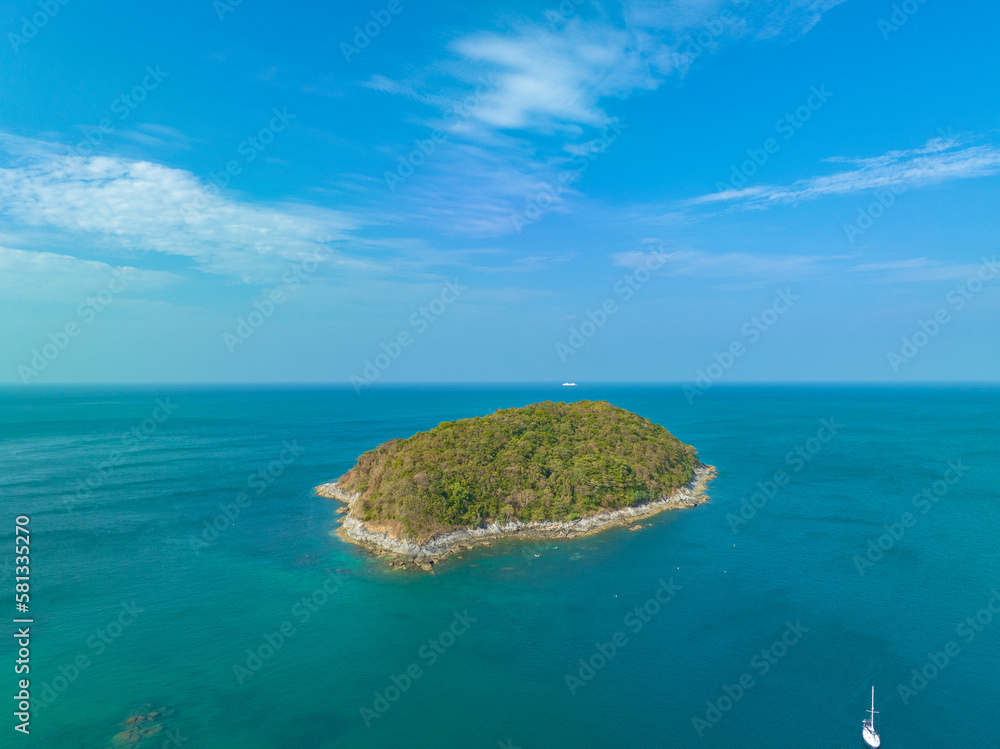 Fototapeta premium aerial view landscape Amazing place of tourist attractions turquoise sea around Man island. .Man island in front of Phomethep cape and wind turbine view point..perfect nature underwater sea animal.