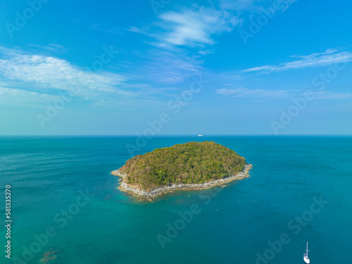 aerial view landscape Amazing place of tourist attractions turquoise sea around Man island. .Man island in front of Phomethep cape and wind turbine view point..perfect nature underwater sea animal.