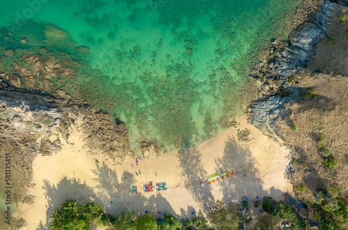 .aerial panorama view above turquoise sea around Nui beach small beach surrounded by tourist attractions..Nui beach is the good place for swimming snorkeling and sea canoe..turquoise sea background..