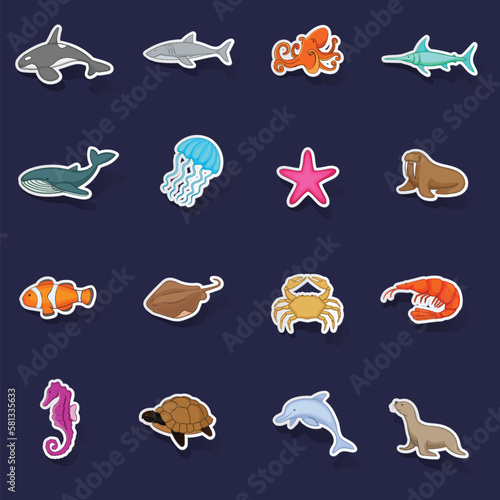 Ocean inhabitants icons set stikers collection vector with shadow on purple background