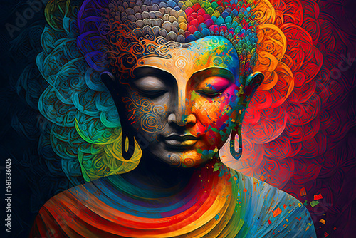 Generative AI. The image of the Buddha is a digital art collage combined with watercolor in psychedelic tones. Self-knowledge. Zen, spiritual well-being. photo