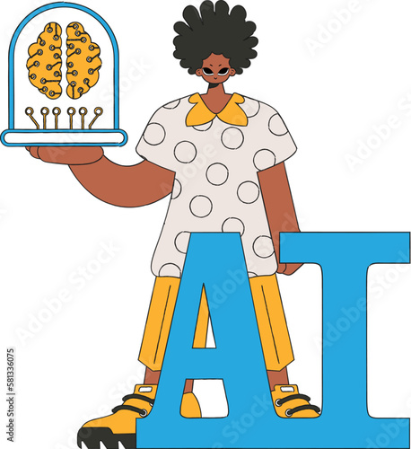 ﻿Illustration of a man holding a vector AI brain.