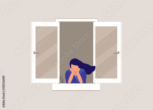 One Young Woman With Both Hands On Her Chin Looking Out From The Front Opened Window At Home. Half Length. Flat Design Style, Character, Cartoon.