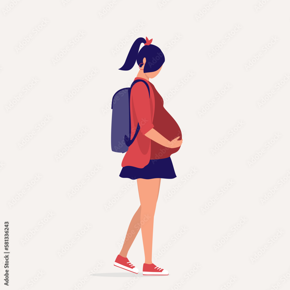 One Sad Pregnant Teenage Girl With Backpack And Face Looking Down Walking To School. Full Length. Flat Design Style, Character, Cartoon. One Sad Pregnant Teenage Girl With Backpack And Face Looking Down Walking To School. Full Length. Flat Design Style, Character, Cartoon.