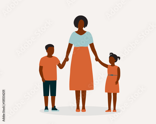 Black Mother With Two Children Holding Hands Together. Full Length. Flat Design Style, Character, Cartoon.