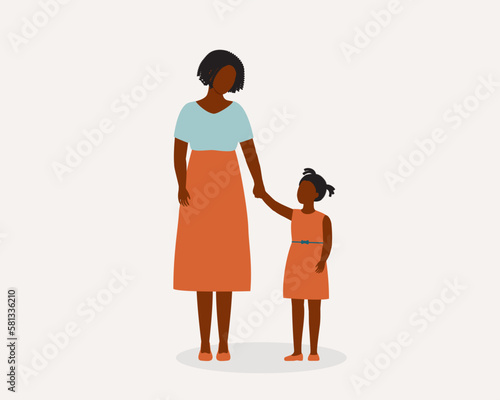 Black Mother With One Child Holding Her Daughter's Hand. Full Length. Flat Design Style, Character, Cartoon.