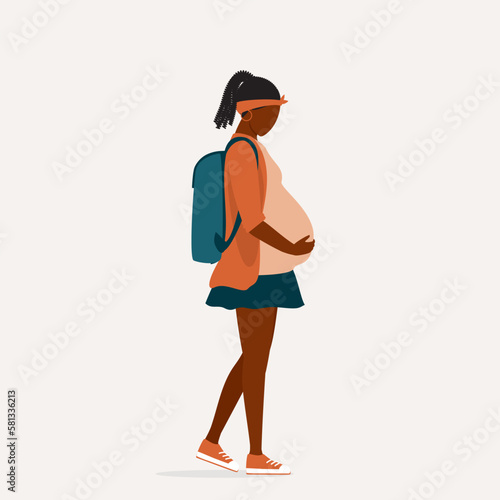 One Sad Pregnant Black Teenage Girl With Backpack And Face Looking Down Walking To School. Full Length. Flat Design Style, Character, Cartoon.