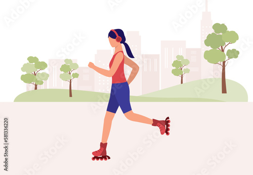 One Young Woman With Headphone Rollerblading In The Park While Listening To Music. Full Length. Flat Design Style, Character, Cartoon.